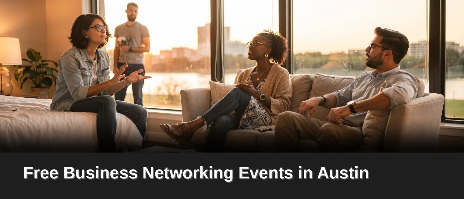 Banner image of four people talking in a sunlit room with floor-to-ceiling windows, with the words Free Business Networking Events in Austin across the bottom.