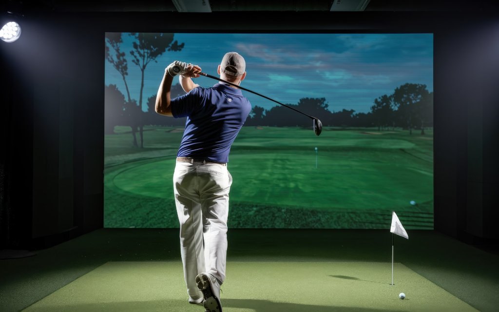 A golfer mid-swing in an indoor simulator bay
